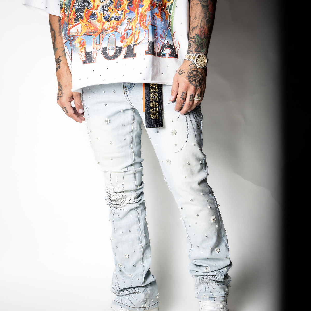 VICIOUS Ligth Blue Rhinestone + Pearl Flare Denim