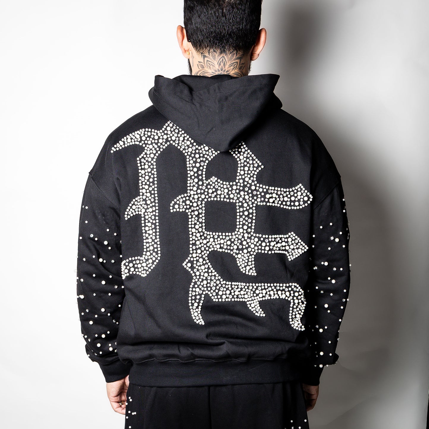 Mixed Emotion black End Pearl Rhinestone Hoodie