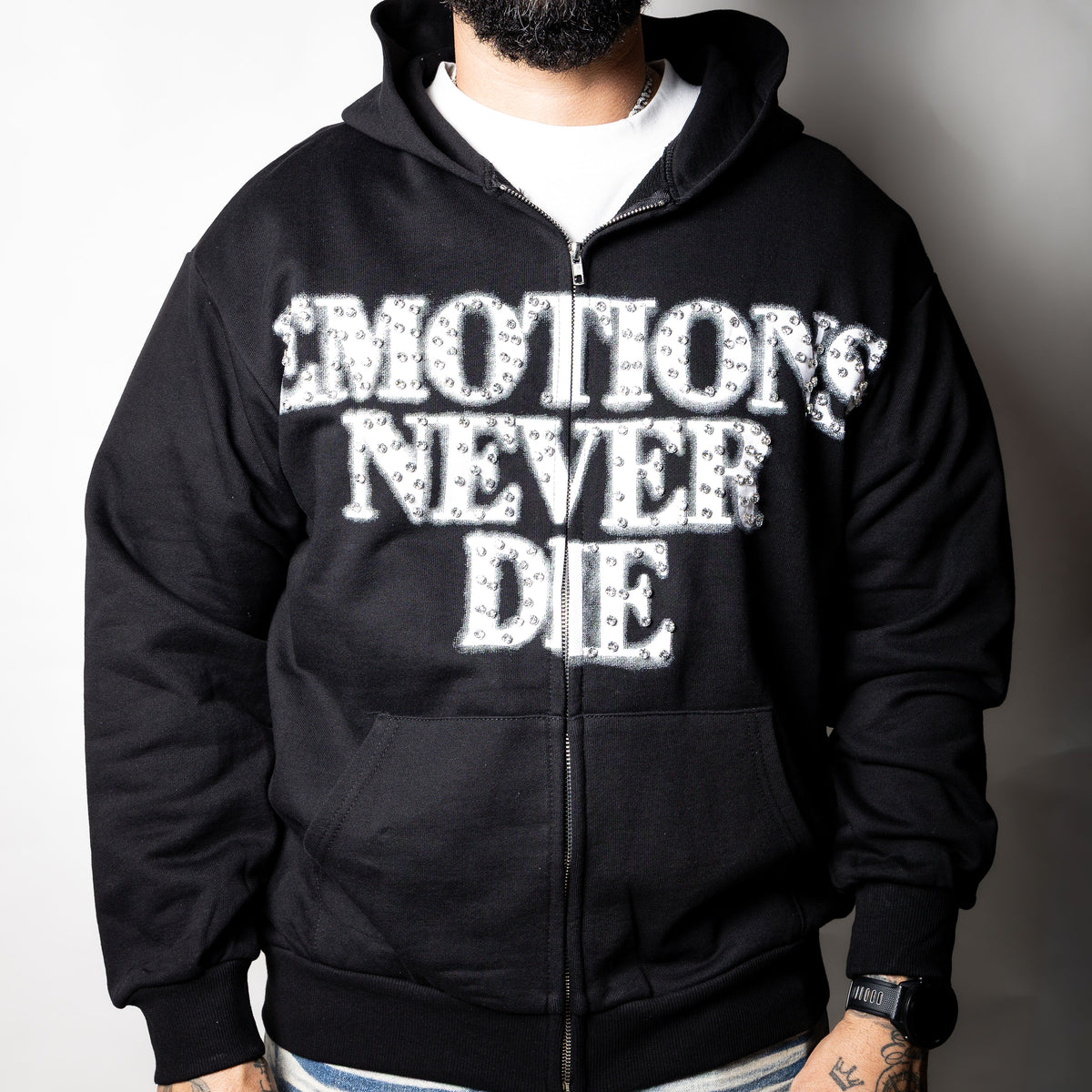 Mixed Emotion Black End Rhinestone Hoodie