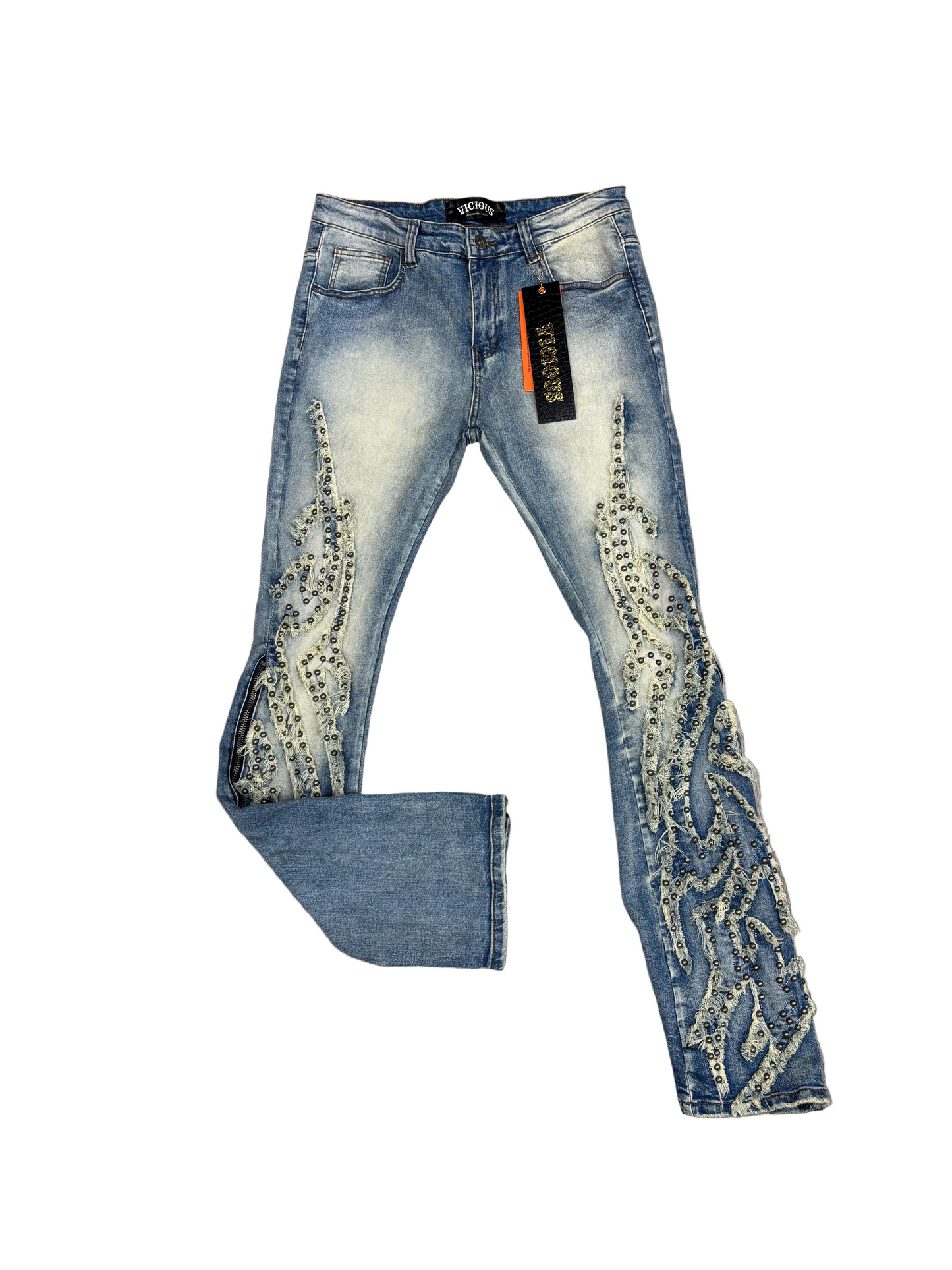 VICIOUS Blue Studded Ripped Flared w/ Side Zippers