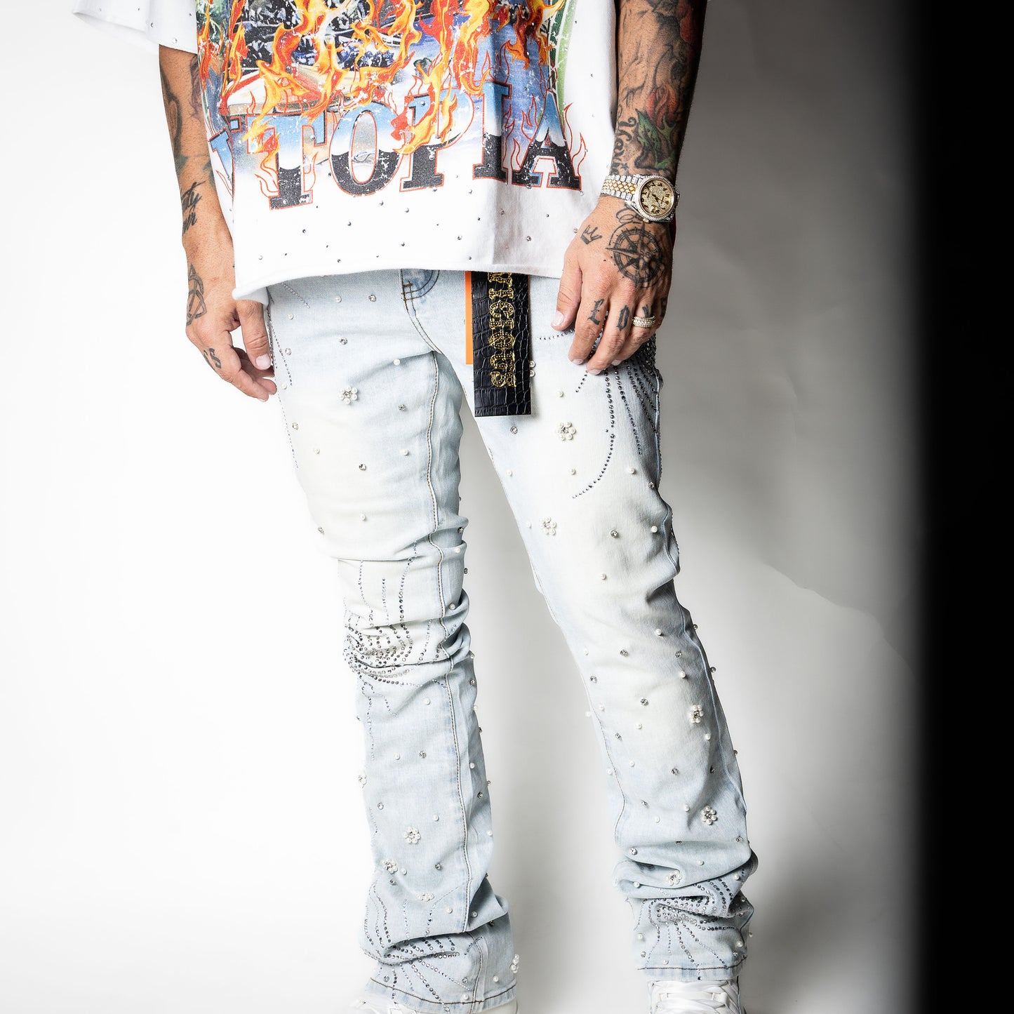 VICIOUS Ligth Blue Rhinestone + Pearl Flare Denim