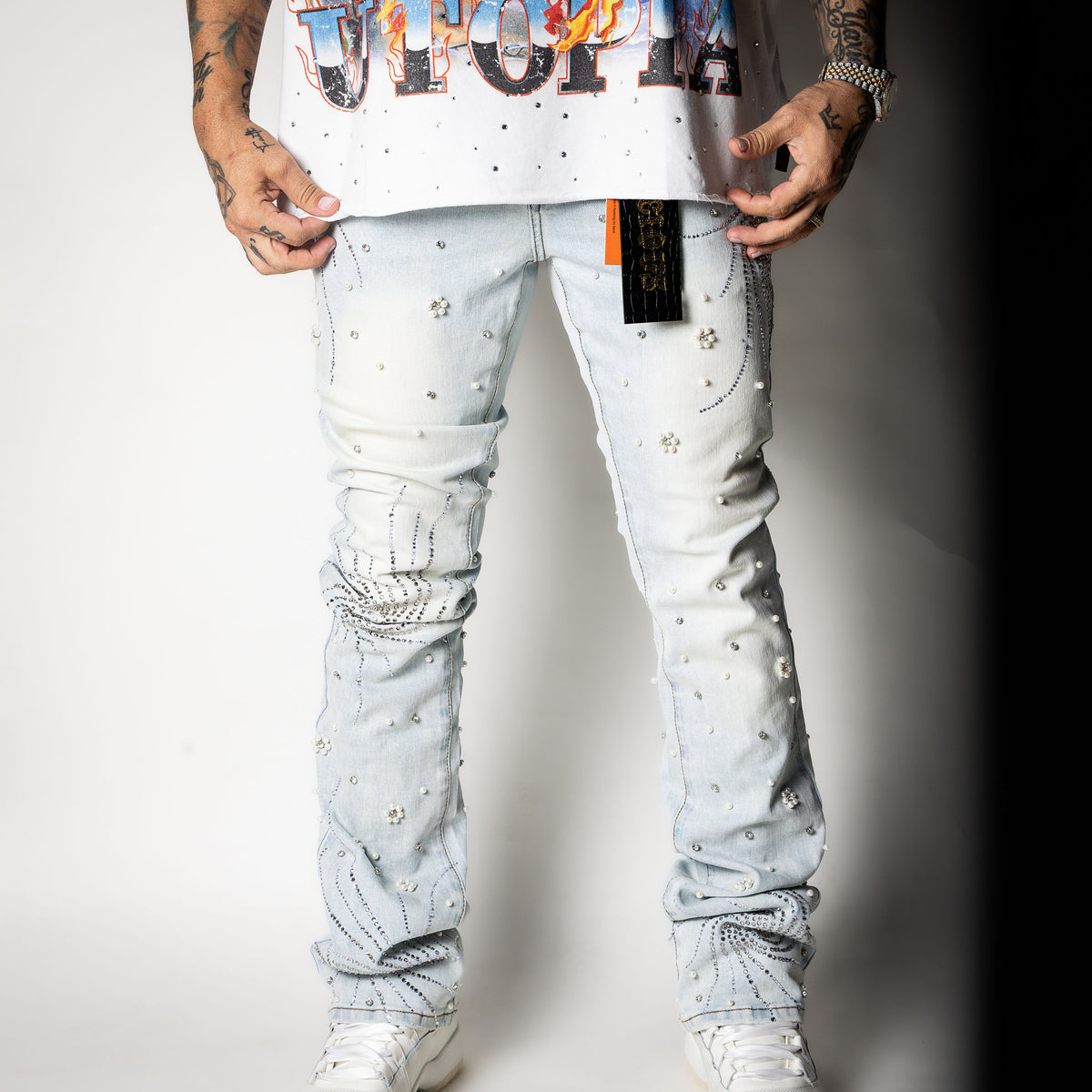VICIOUS Ligth Blue Rhinestone + Pearl Flare Denim