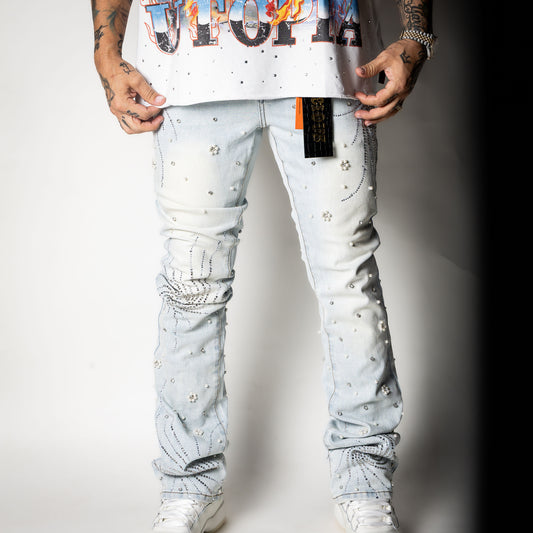 VICIOUS Ligth Blue Rhinestone + Pearl Flare Denim