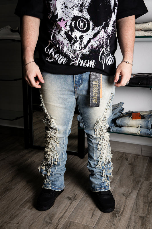 VICIOUS Blue Studded Ripped Flared w/ Side Zippers