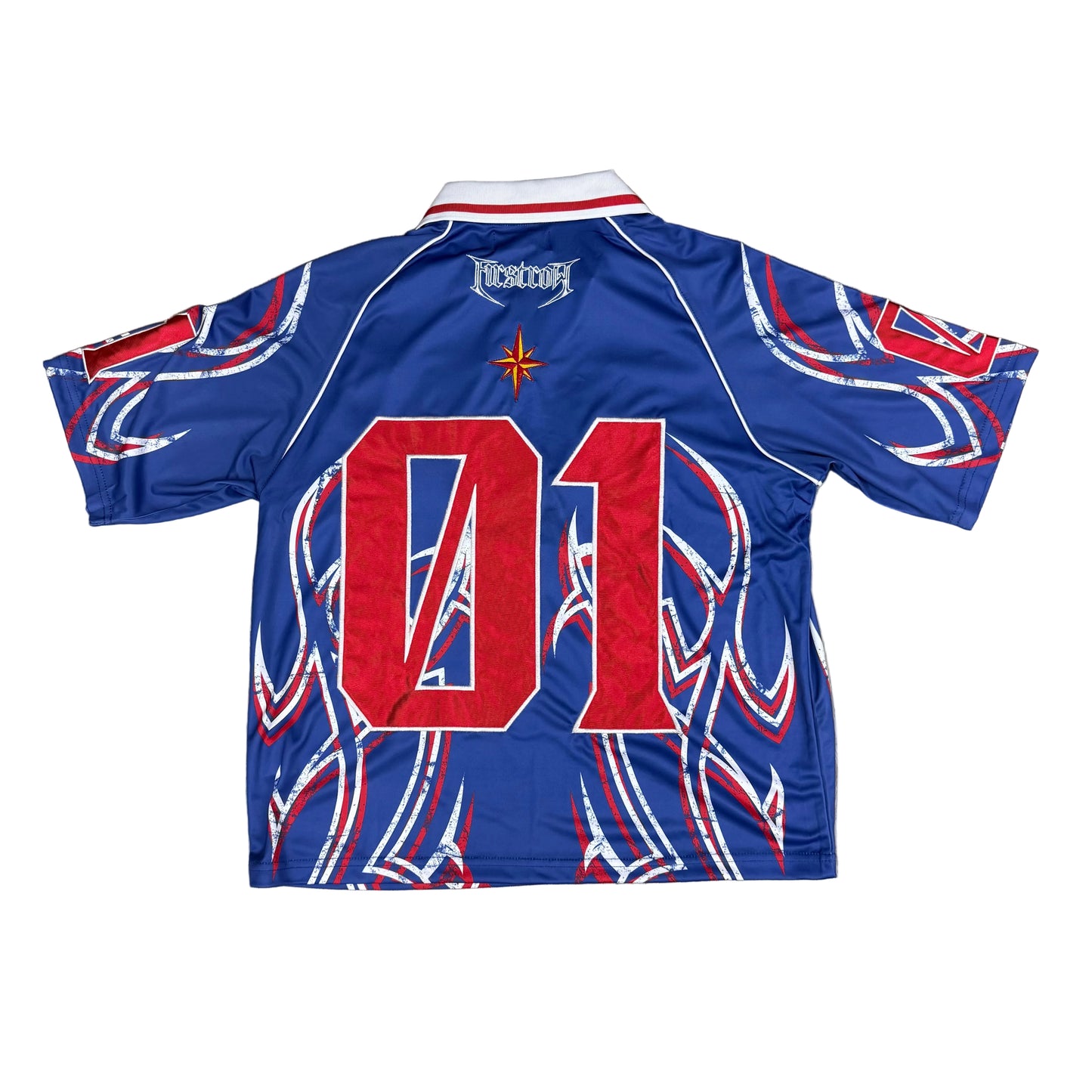 First Row " Soccer style red/blue/white  "