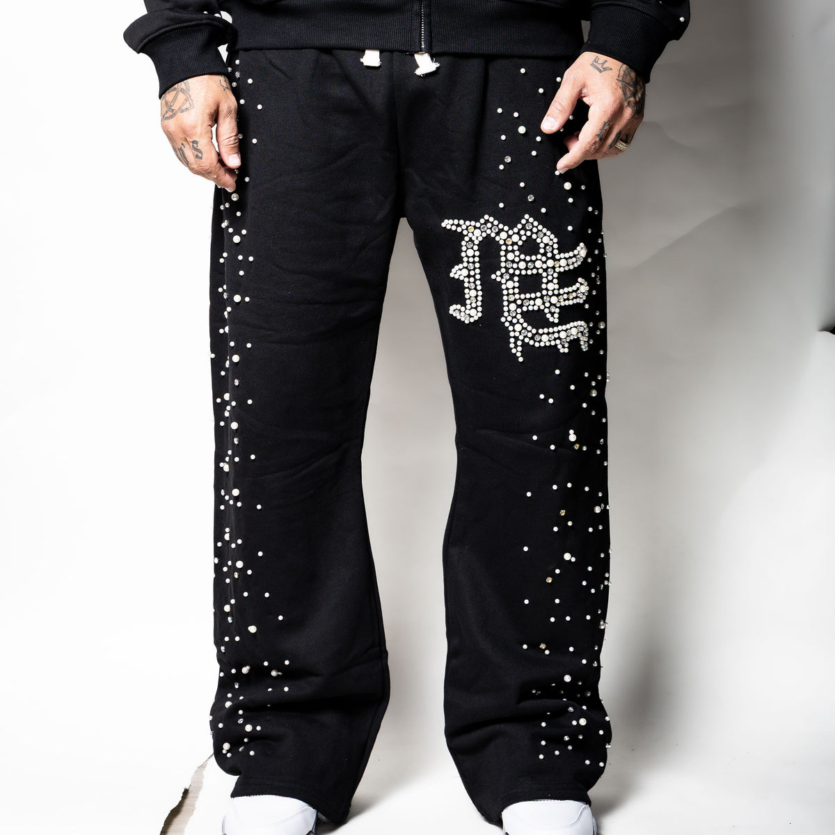Mixed Emotion black End Pearl Rhinestone sweatpants