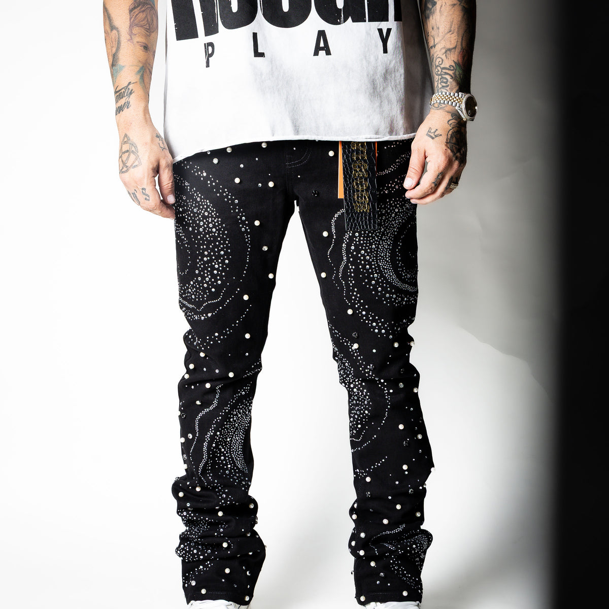 VICIOUS Black Embellished Rhinestone Stack Denim