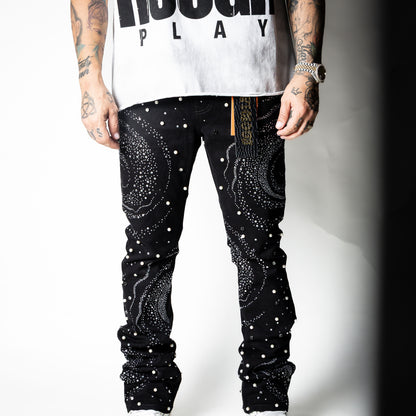 VICIOUS Black Embellished Rhinestone Stack Denim