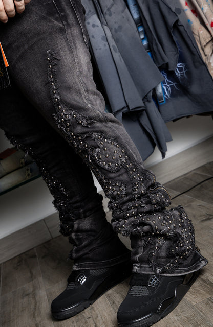 VICIOUS Black Studded Ripped Flared w/ Side Zippers