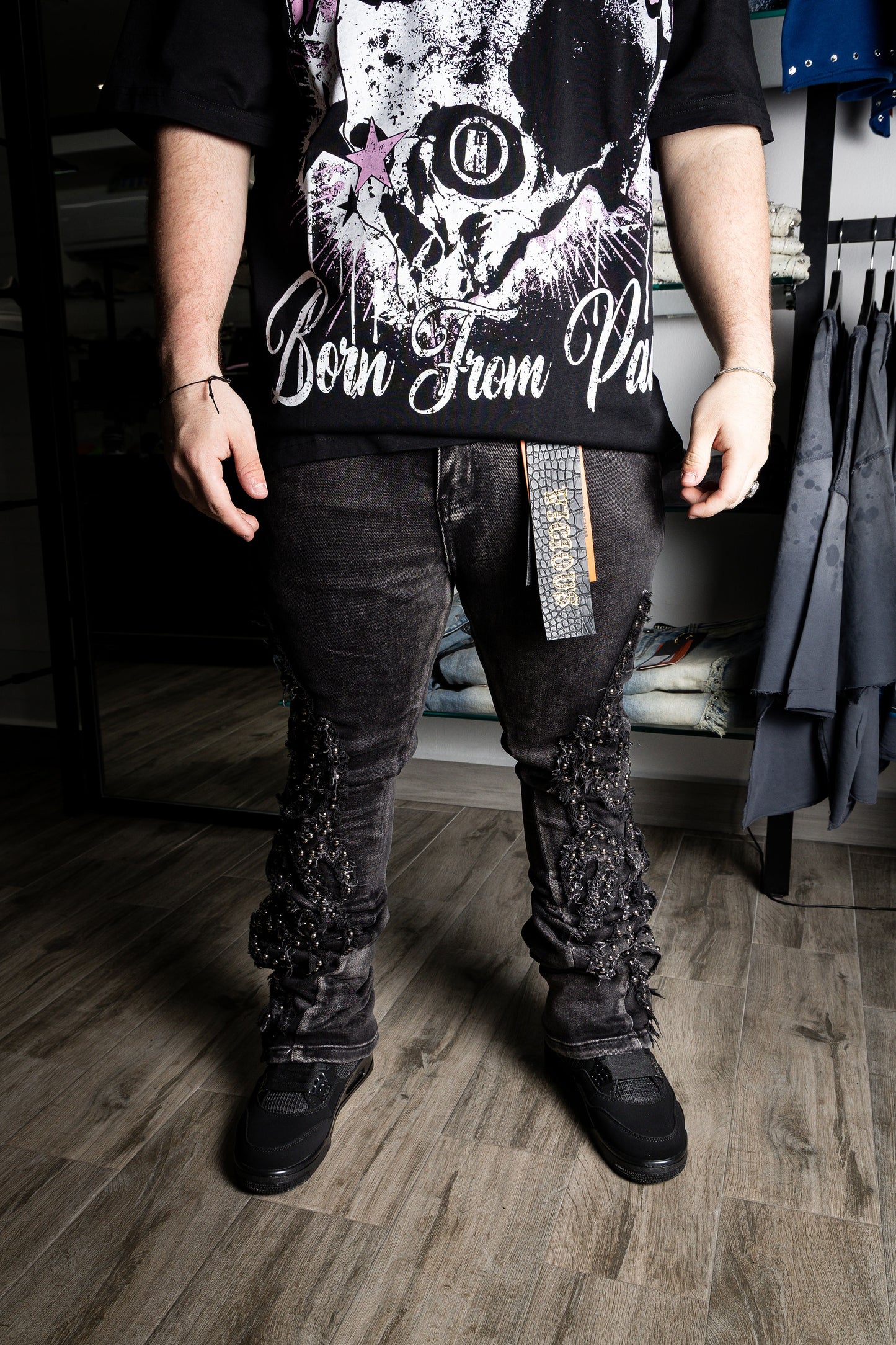 VICIOUS Black Studded Ripped Flared w/ Side Zippers