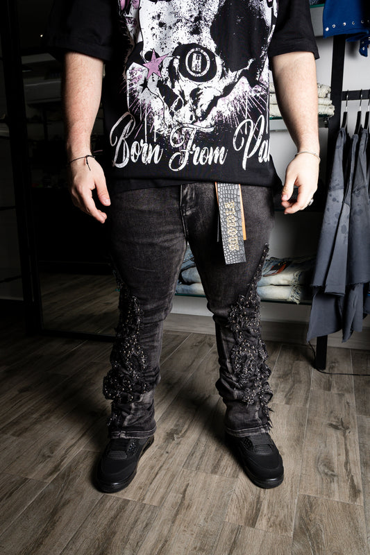 VICIOUS Black Studded Ripped Flared w/ Side Zippers