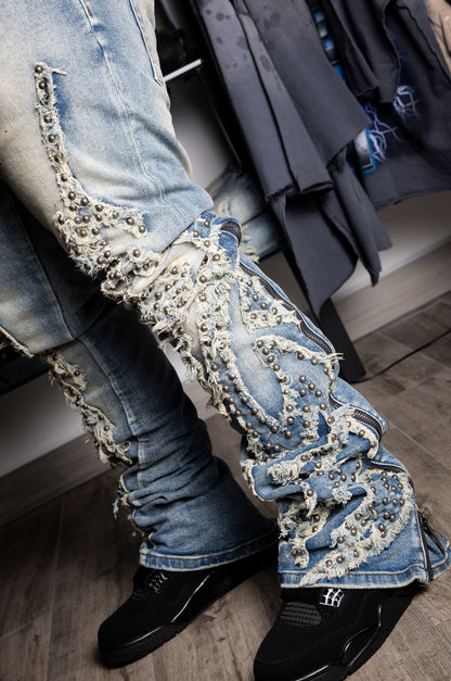 VICIOUS Blue Studded Ripped Flared w/ Side Zippers