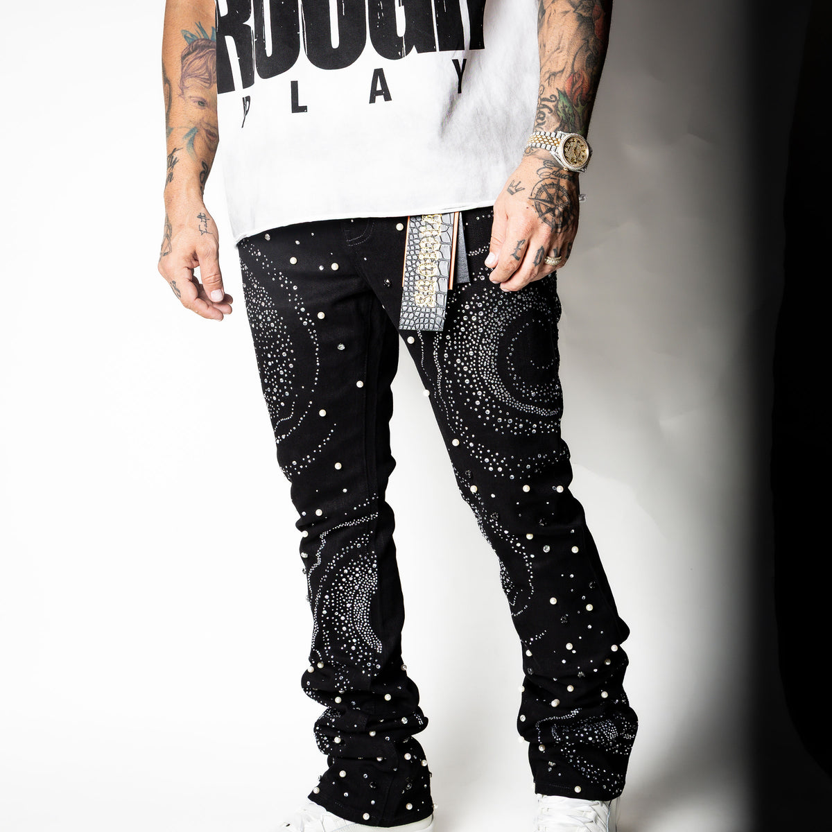 VICIOUS Black Embellished Rhinestone Stack Denim