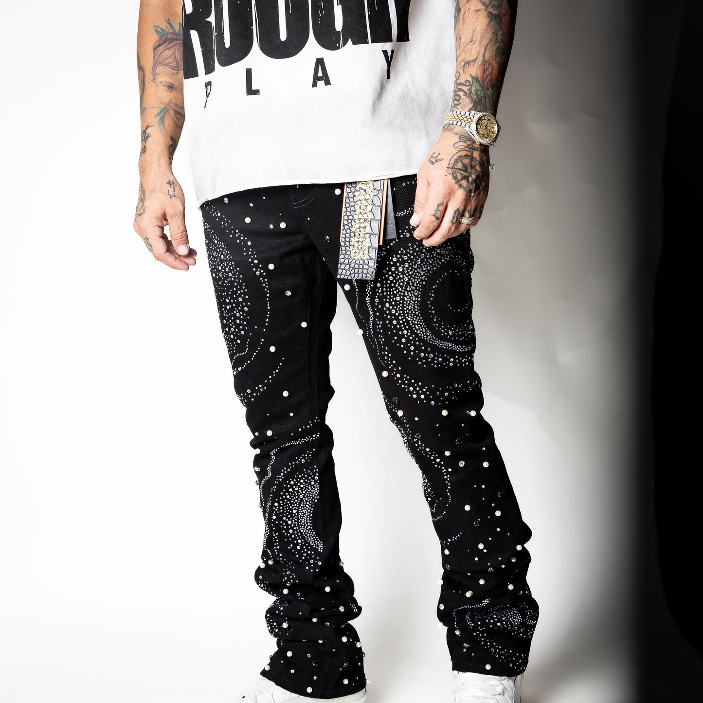 VICIOUS Black Embellished Rhinestone Stack Denim
