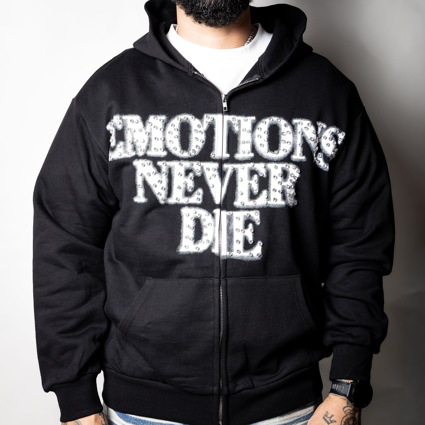 Mixed Emotion Black End Rhinestone Hoodie