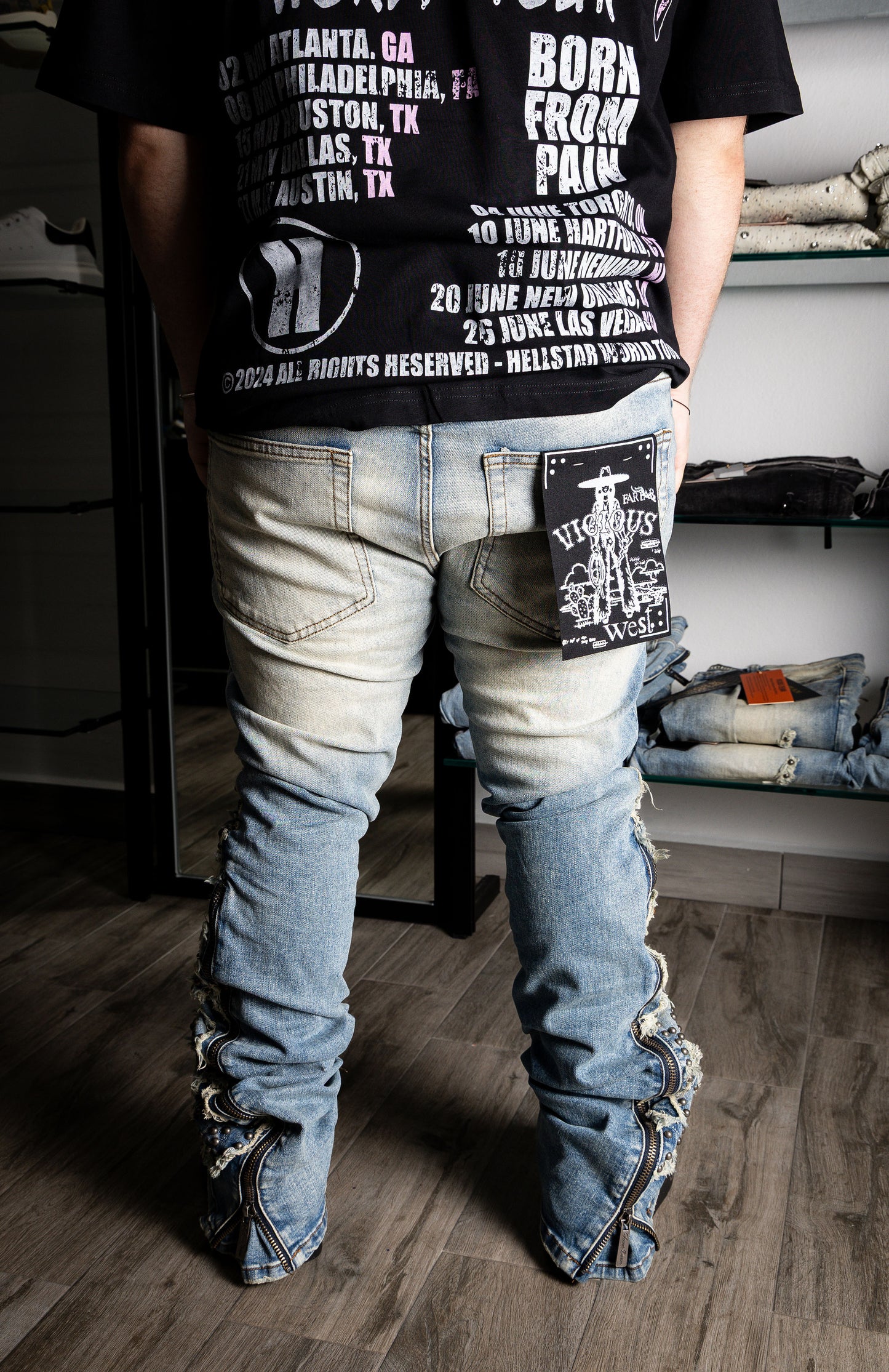 VICIOUS Blue Studded Ripped Flared w/ Side Zippers