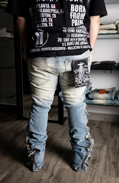 VICIOUS Blue Studded Ripped Flared w/ Side Zippers