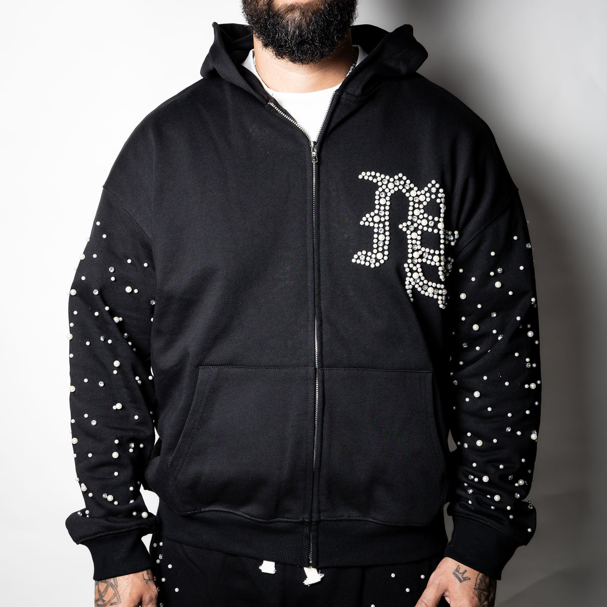 Mixed Emotion black End Pearl Rhinestone Hoodie
