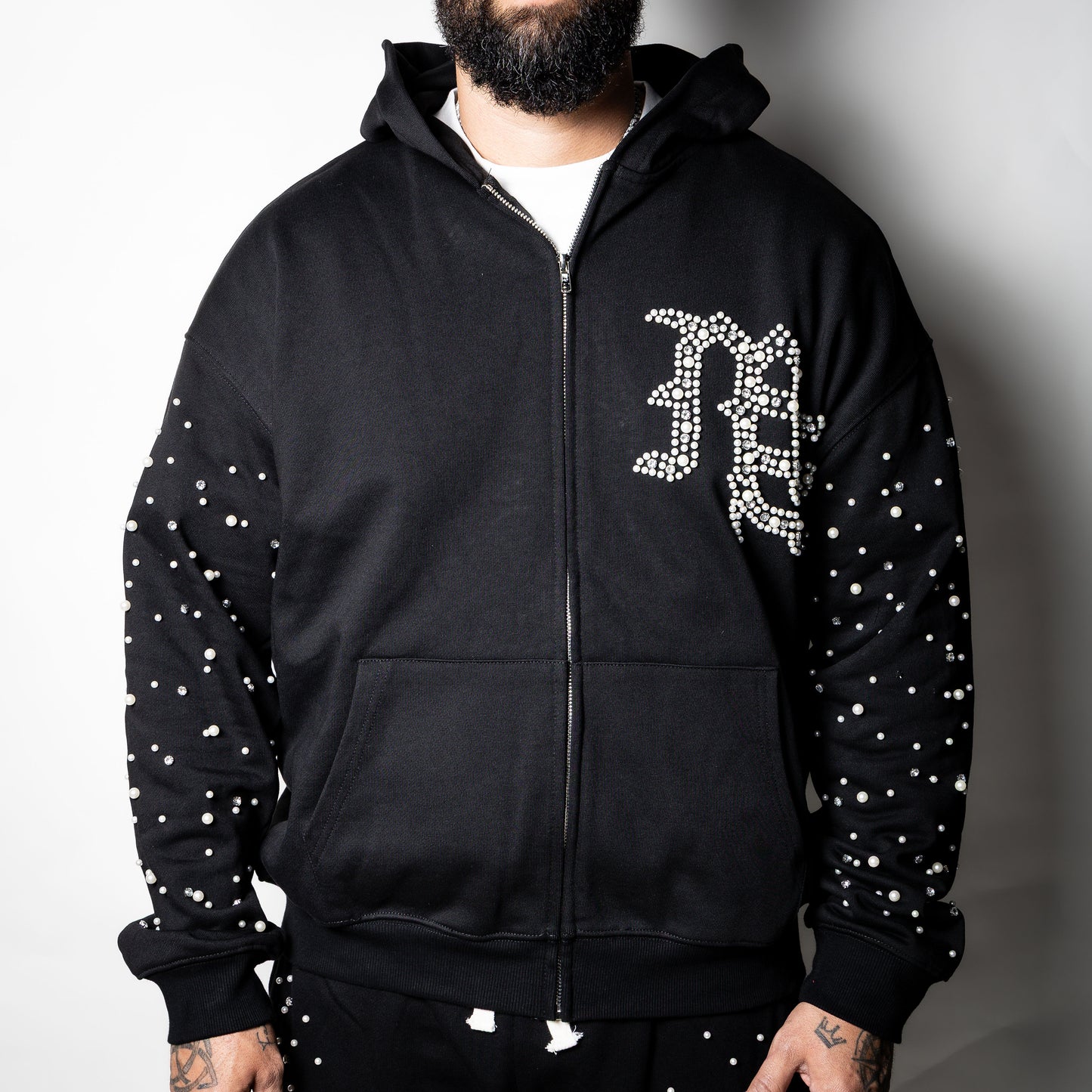Mixed Emotion black End Pearl Rhinestone Hoodie