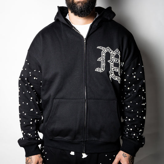 Mixed Emotion black End Pearl Rhinestone Hoodie