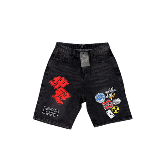 Mixed Emotion “Danger” Patch Denim Shorts